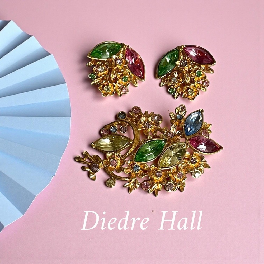 DEIDRE HALL Multi Color Rhinestone Brooch Pin & Clip Earrings Set Timeless